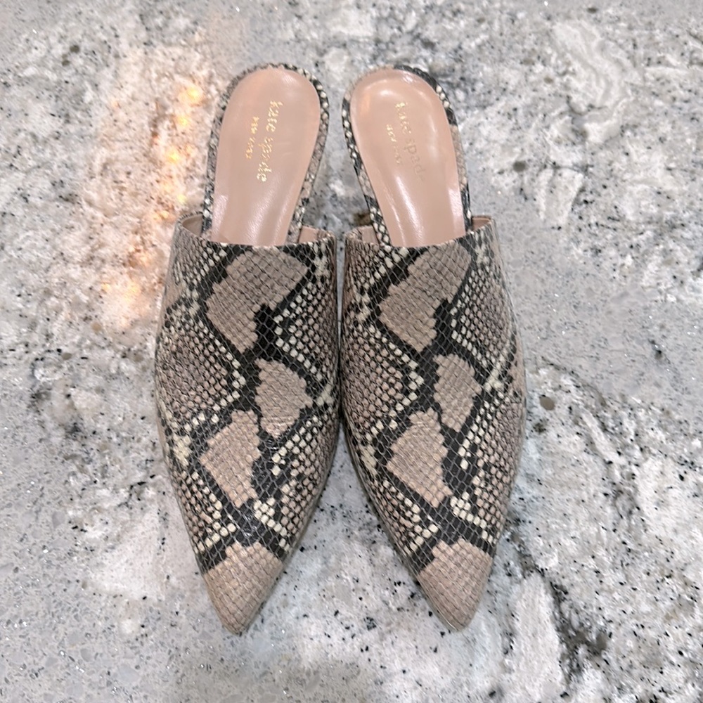 Kate Spade New York, kitten heel, snake skin mule. Size 8.5, 2.5” heel